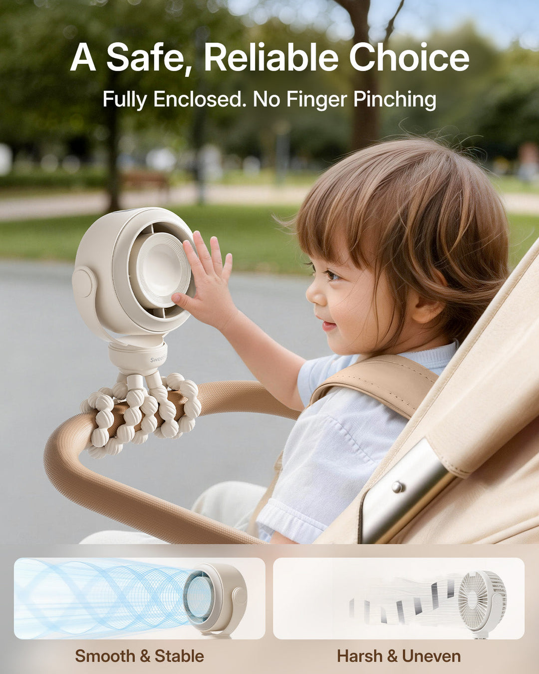 Portable Stroller Fan, Pinch-Proof Baby Fan, 10H Battery, 5-Speed | Stornfield
