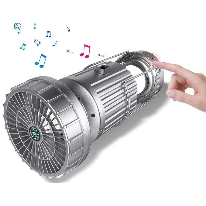 Multifunction Solar Camping Light with Fan, Bluetooth Speaker, Power Bank & Compass | Stornfield