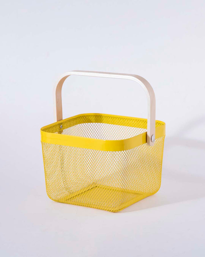 Stornfield | Square Metal Storage Basket with Wooden Handle - Yellow - Set of 2