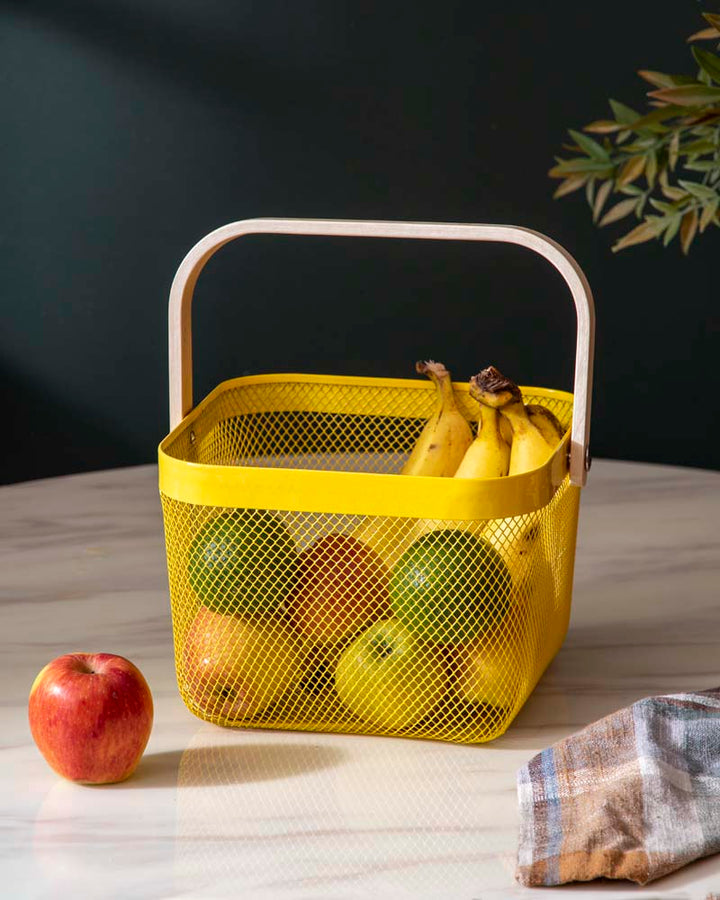 Stornfield | Square Metal Storage Basket with Wooden Handle - Yellow - Set of 2