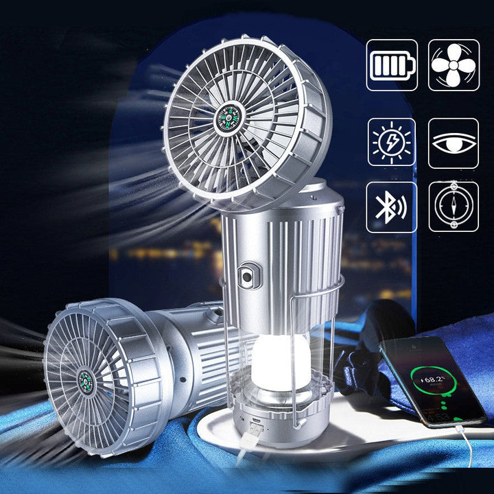 Multifunction Solar Camping Light with Fan, Bluetooth Speaker, Power Bank & Compass | Stornfield