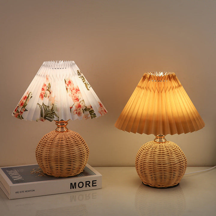 Stornfield | RattaLume Nordic LED Table Lamp | Woven Rattan and Foldable Fabric Lampshade | Ambient Light | Bedroom Decor