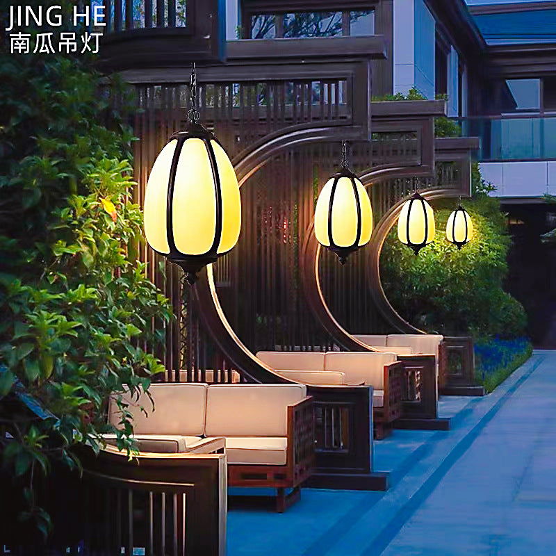 Traditional Chinese Waterproof Aluminum PC Dolomite Elliptical Pumpkin 1-Light Pendant Light For Ourdoor Patio | Stornfield