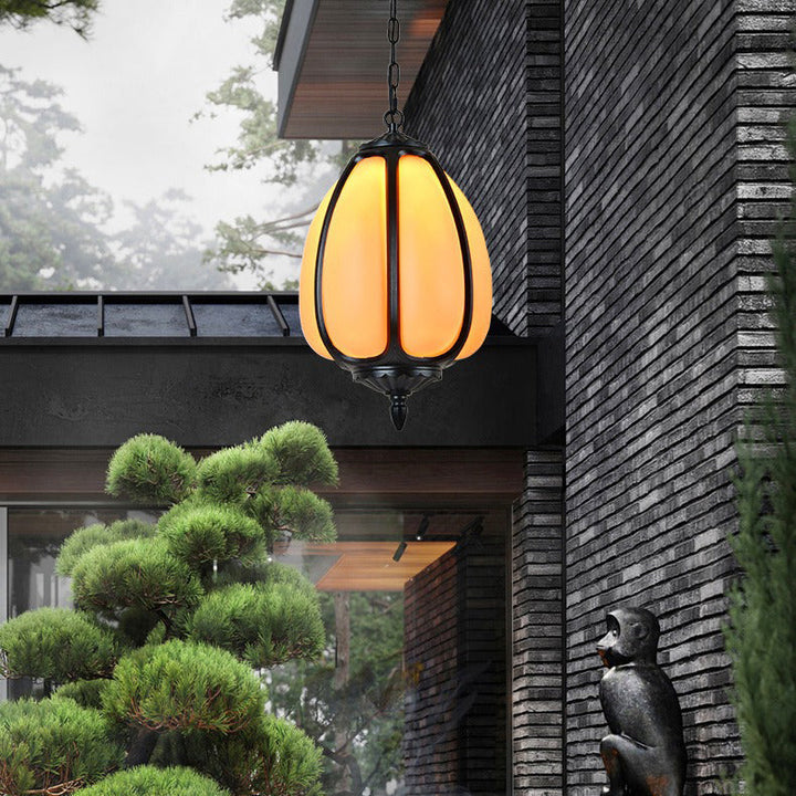 Traditional Chinese Waterproof Aluminum PC Dolomite Elliptical Pumpkin 1-Light Pendant Light For Ourdoor Patio | Stornfield