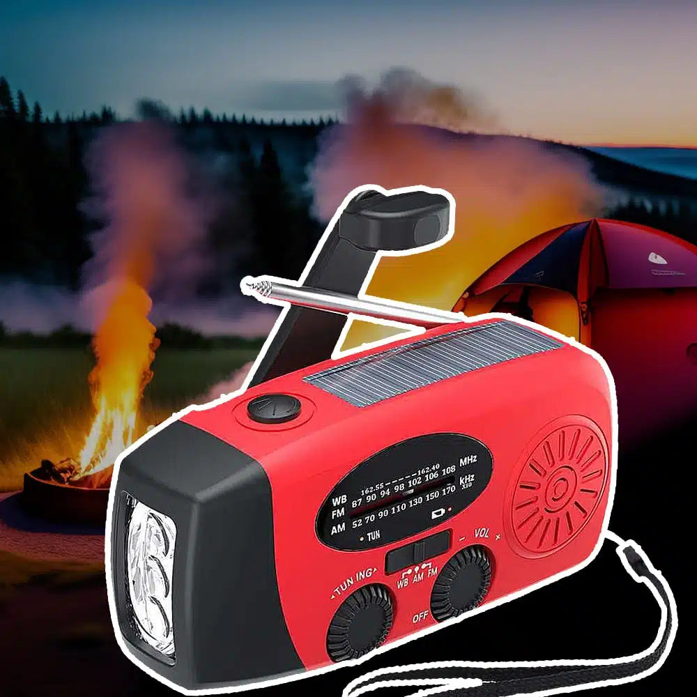 Emergency radio FM/AM with integrated solar cells, flashlight, power bank & hand crank | Stornfield