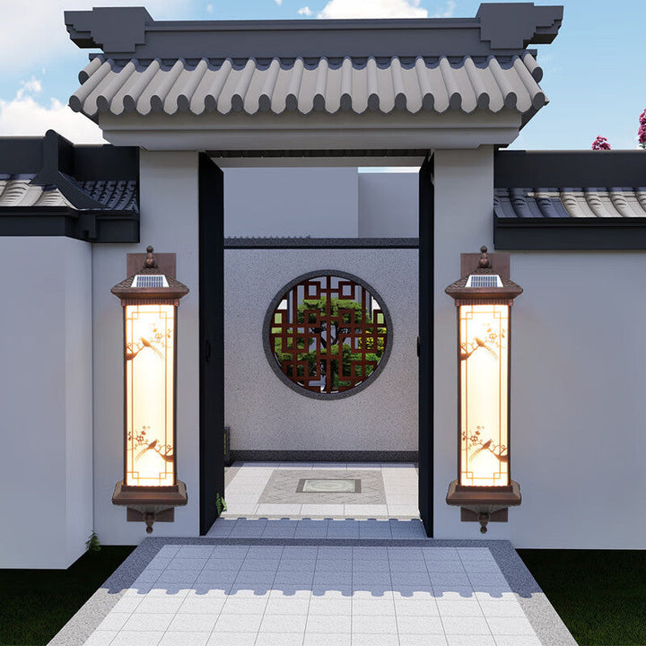 Traditional Chinese Rectangular Aluminum Glass Solar LED Wall Sconce Lamp For Garden | Stornfield