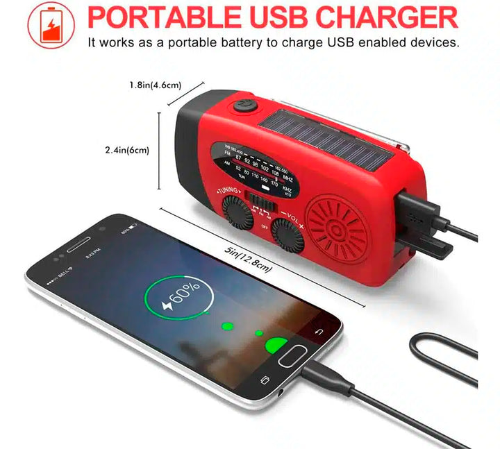 Emergency radio FM/AM with integrated solar cells, flashlight, power bank & hand crank | Stornfield