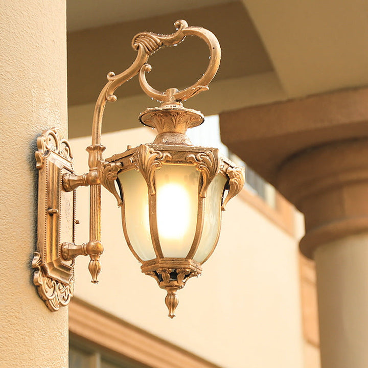 European Retro Aluminum Glass Carved Lantern 1-Light Outdoor Waterproof Wall Sconce Lamp | Stornfield