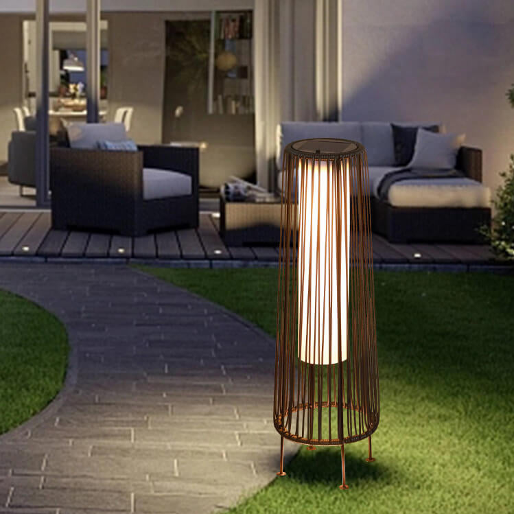Modern Minimalist Solar Waterproof Round Vertical Pull Strip Iron Rattan LED Standing Floor Lamp For Outdoor Patio | Stornfield