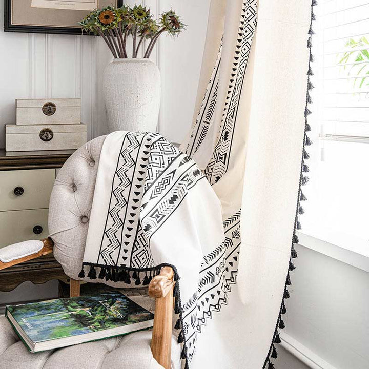 Geometric Tassel Curtain Semi Blackout Drapes in Cotton Blend | Stornfield