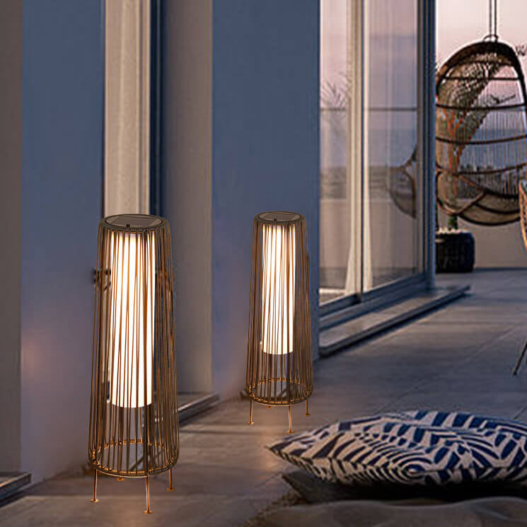 Modern Minimalist Solar Waterproof Round Vertical Pull Strip Iron Rattan LED Standing Floor Lamp For Outdoor Patio | Stornfield