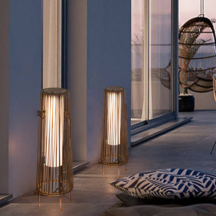 Modern Minimalist Solar Waterproof Round Vertical Pull Strip Iron Rattan LED Standing Floor Lamp For Outdoor Patio | Stornfield