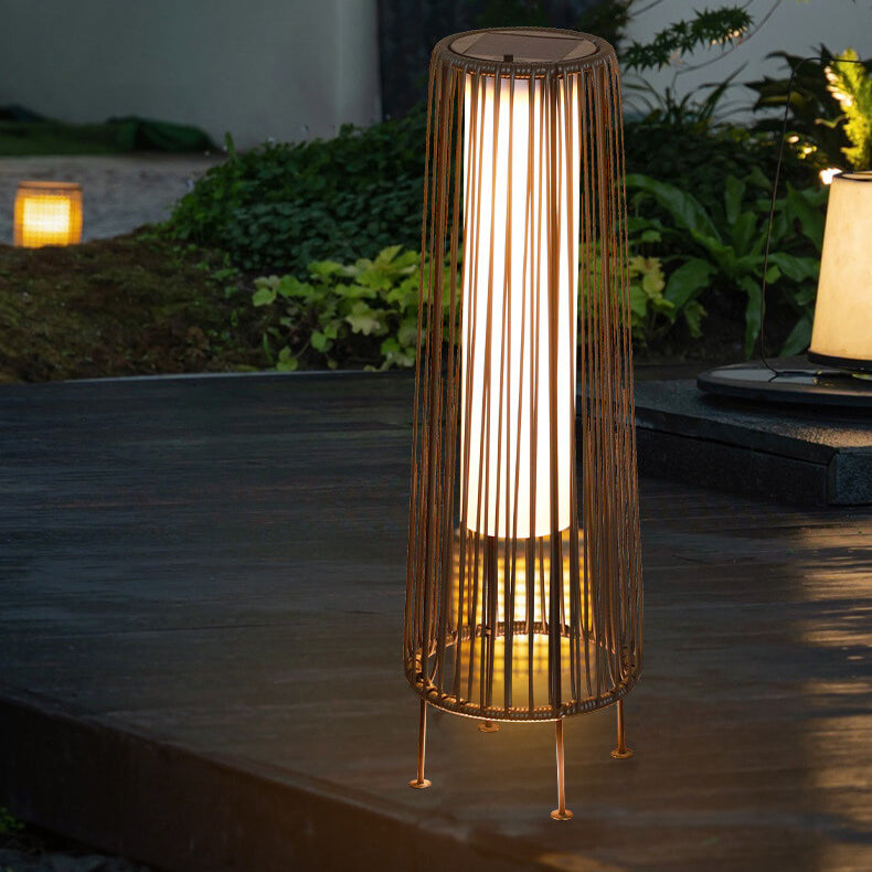 Modern Minimalist Solar Waterproof Round Vertical Pull Strip Iron Rattan LED Standing Floor Lamp For Outdoor Patio | Stornfield
