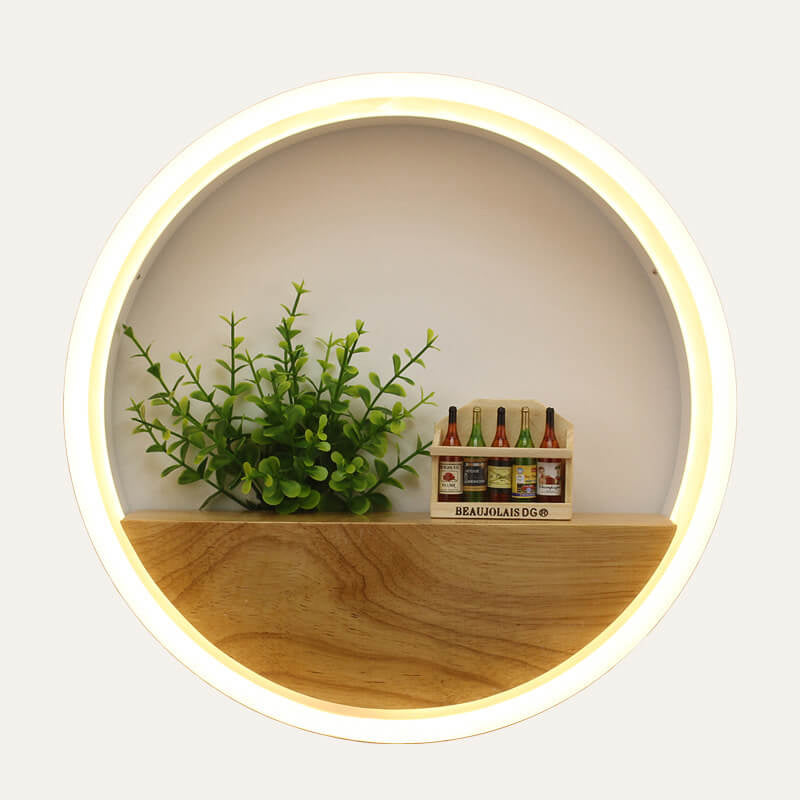 Stornfield | Lumoshelf LED Wall Sconce | Solid Wood with Shelf | Round Wall Light | Warm & White Light