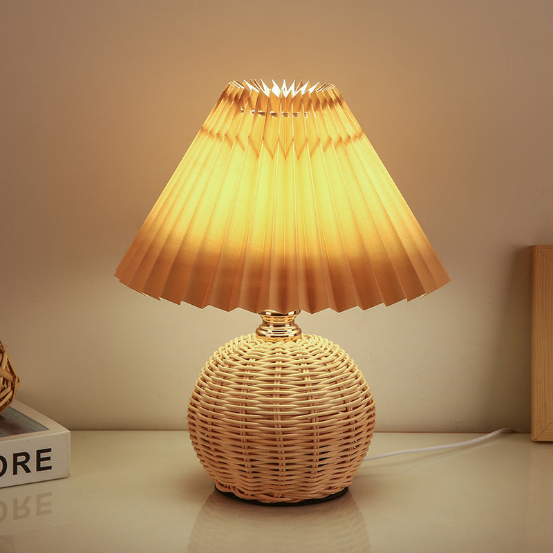 Stornfield | RattaLume Nordic LED Table Lamp | Woven Rattan and Foldable Fabric Lampshade | Ambient Light | Bedroom Decor