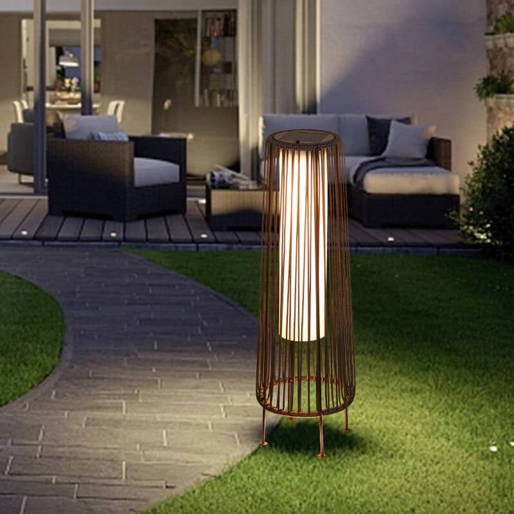 Modern Shabby Chic Solar Round Trapezoidal Iron Rattan Wicker LED Outdoor Light For Outdoor Patio | Stornfield
