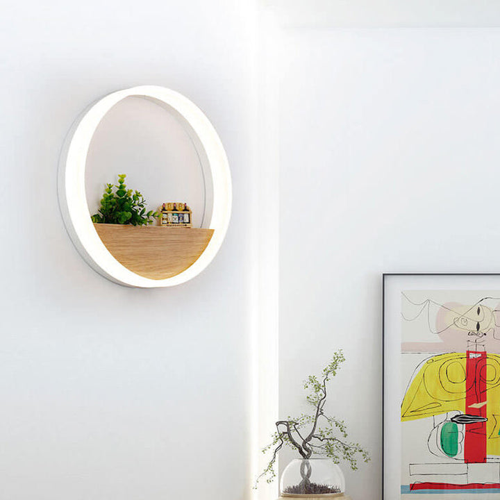 Stornfield | Lumoshelf LED Wall Sconce | Solid Wood with Shelf | Round Wall Light | Warm & White Light