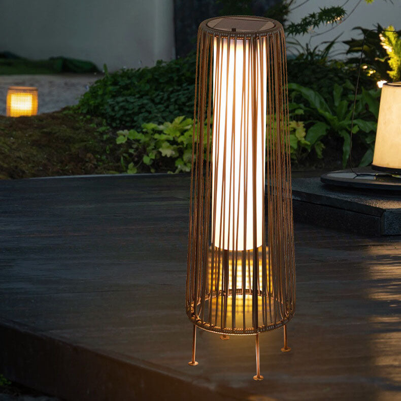 Modern Shabby Chic Solar Round Trapezoidal Iron Rattan Wicker LED Outdoor Light For Outdoor Patio | Stornfield