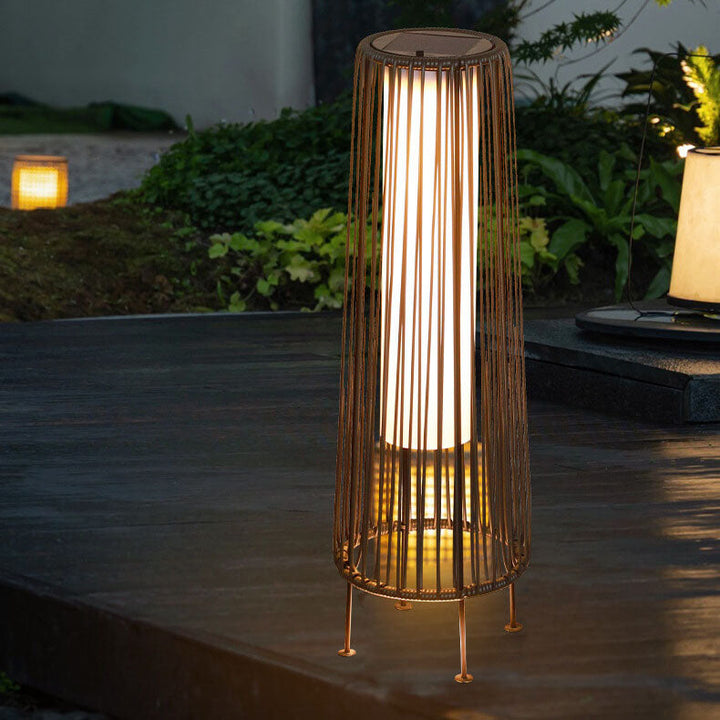 Modern Shabby Chic Solar Round Trapezoidal Iron Rattan Wicker LED Outdoor Light For Outdoor Patio | Stornfield
