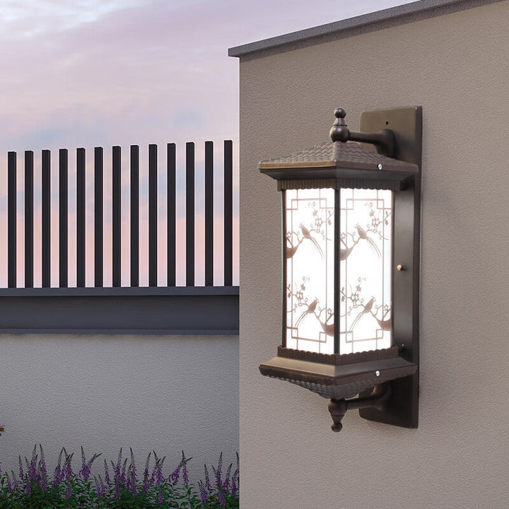 Traditional Chinese Rectangular Aluminum Glass Solar LED Wall Sconce Lamp For Garden | Stornfield