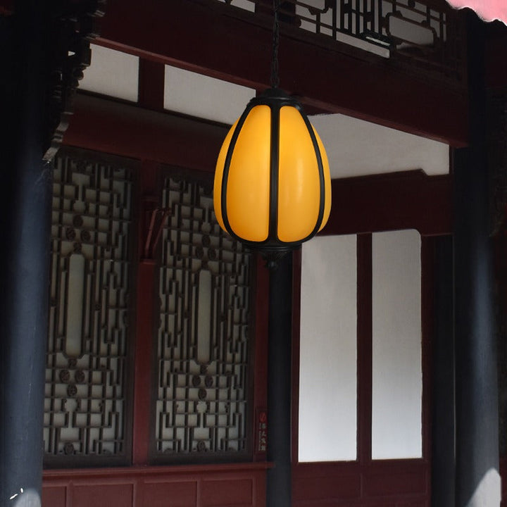 Traditional Chinese Waterproof Aluminum PC Dolomite Elliptical Pumpkin 1-Light Pendant Light For Ourdoor Patio | Stornfield