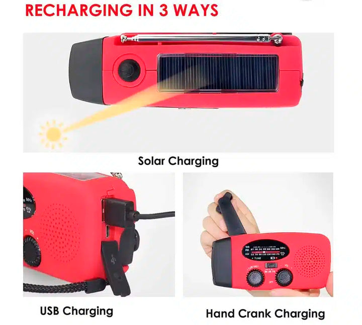 Emergency radio FM/AM with integrated solar cells, flashlight, power bank & hand crank | Stornfield