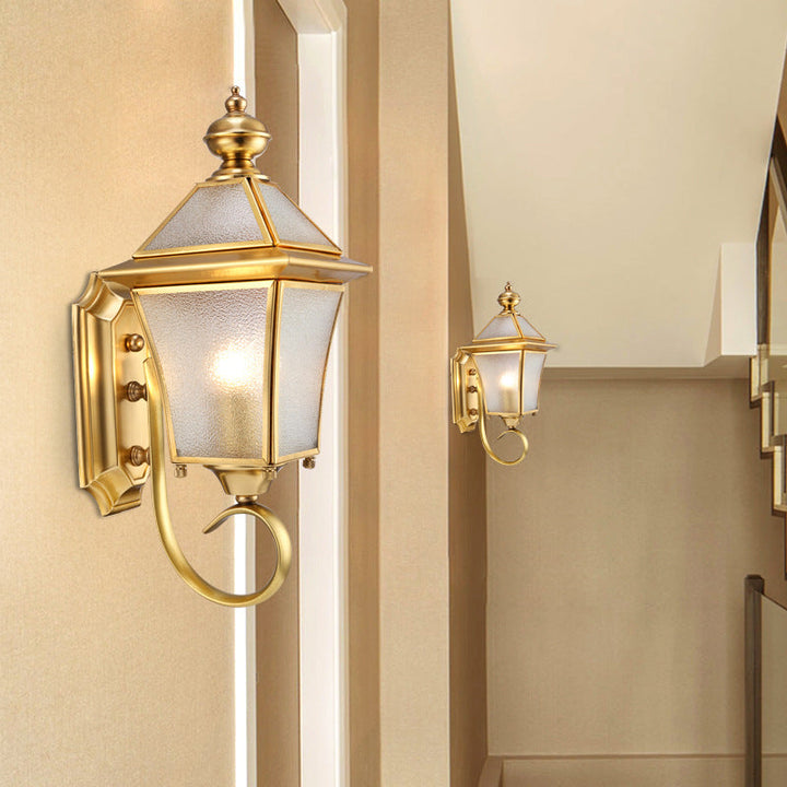 European Modern Luxury Quadrilateral Brass Glass Waterproof 1-Light Outdoor Wall Sconce Lamp | Stornfield