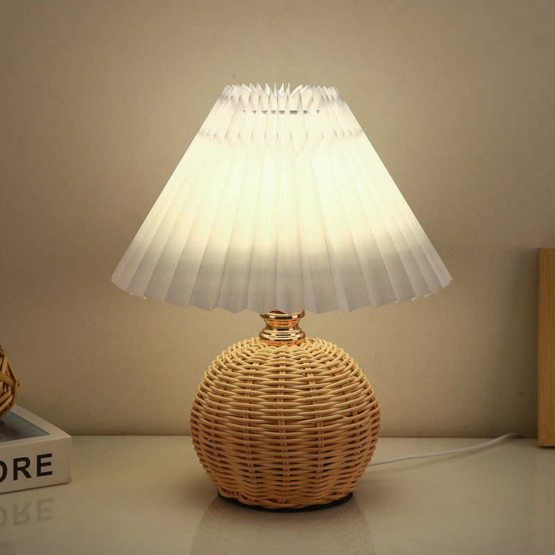 Stornfield | RattaLume Nordic LED Table Lamp | Woven Rattan and Foldable Fabric Lampshade | Ambient Light | Bedroom Decor