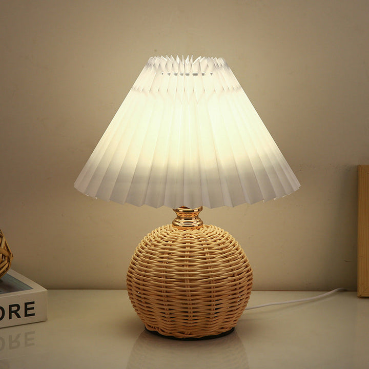 Stornfield | RattaLume Nordic LED Table Lamp | Woven Rattan and Foldable Fabric Lampshade | Ambient Light | Bedroom Decor