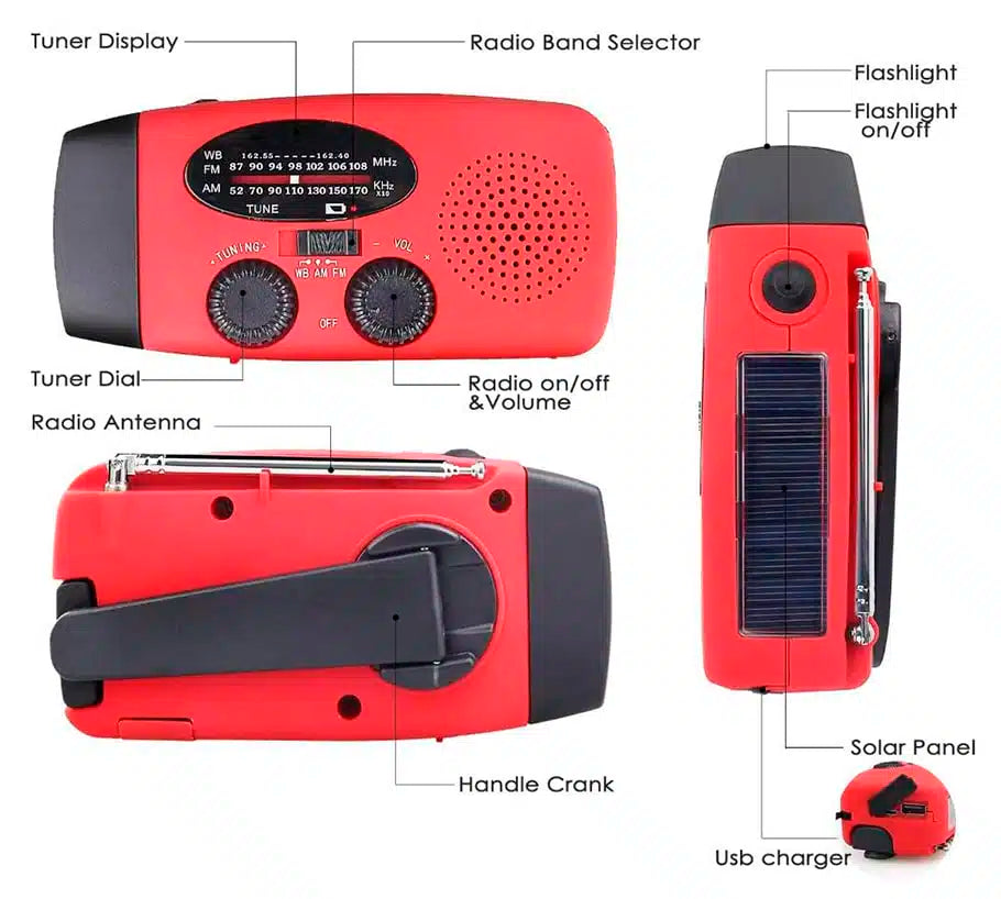 Emergency radio FM/AM with integrated solar cells, flashlight, power bank & hand crank | Stornfield