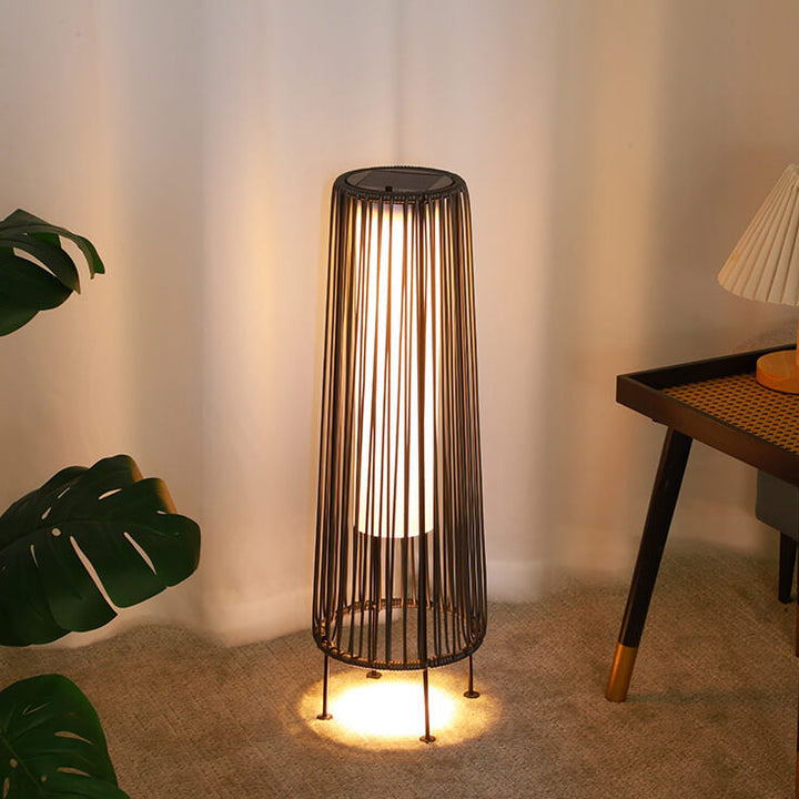 Modern Minimalist Solar Waterproof Round Vertical Pull Strip Iron Rattan LED Standing Floor Lamp For Outdoor Patio | Stornfield