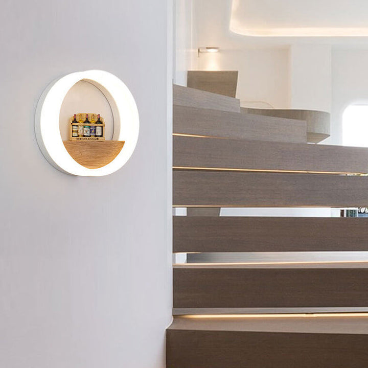 Stornfield | Lumoshelf LED Wall Sconce | Solid Wood with Shelf | Round Wall Light | Warm & White Light