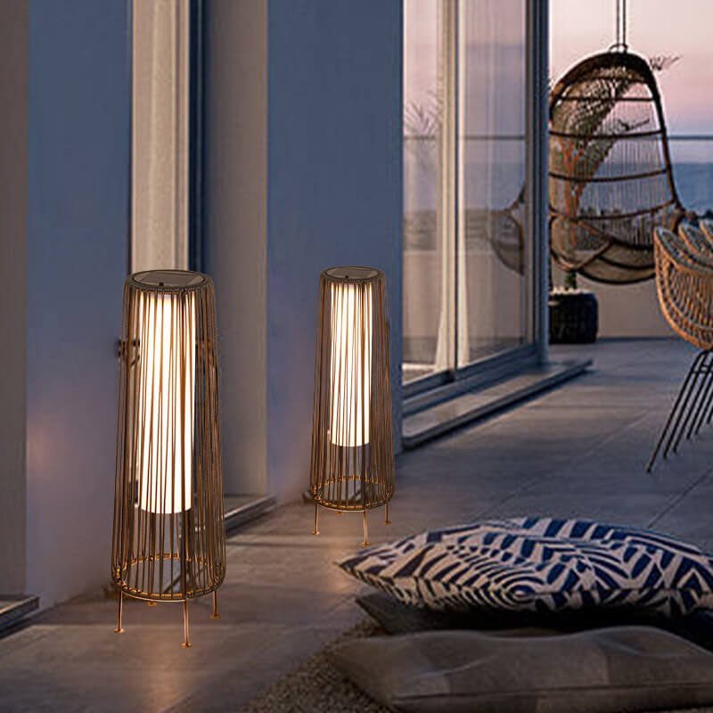 Modern Shabby Chic Solar Round Trapezoidal Iron Rattan Wicker LED Outdoor Light For Outdoor Patio | Stornfield
