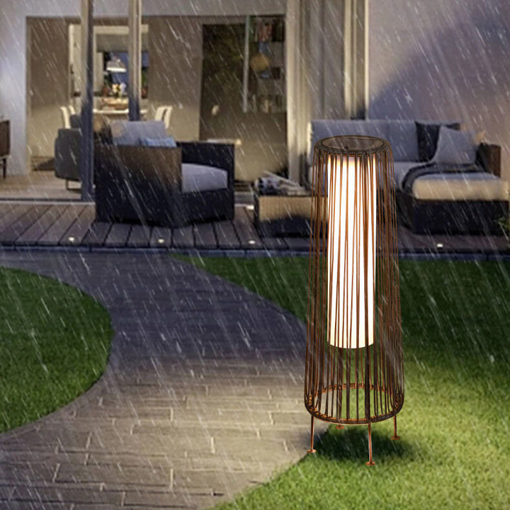 Modern Minimalist Solar Waterproof Round Vertical Pull Strip Iron Rattan LED Standing Floor Lamp For Outdoor Patio | Stornfield