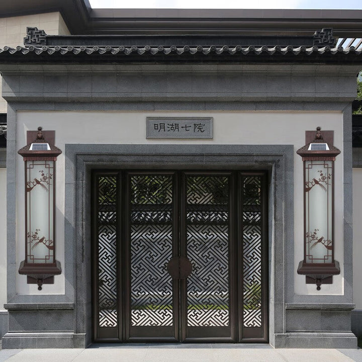 Traditional Chinese Rectangular Aluminum Glass Solar LED Wall Sconce Lamp For Garden | Stornfield