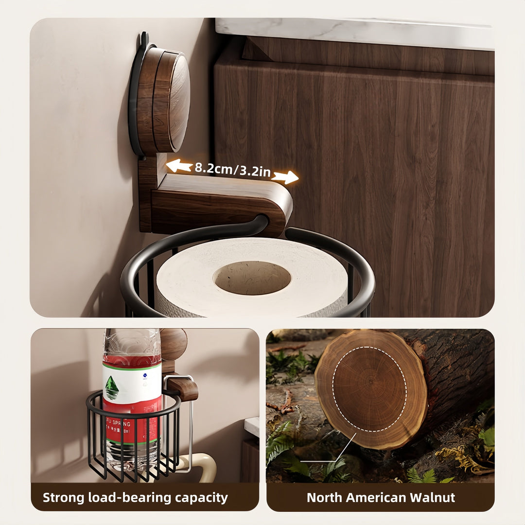 Walnut Wood Toilet Paper Holder – Hole-free with Suction Cup | Stornfield
