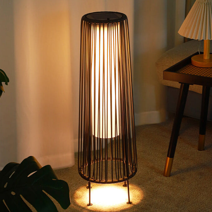 Modern Minimalist Solar Waterproof Round Vertical Pull Strip Iron Rattan LED Standing Floor Lamp For Outdoor Patio | Stornfield