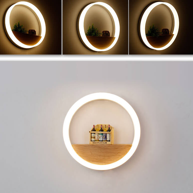 Stornfield | Lumoshelf LED Wall Sconce | Solid Wood with Shelf | Round Wall Light | Warm & White Light