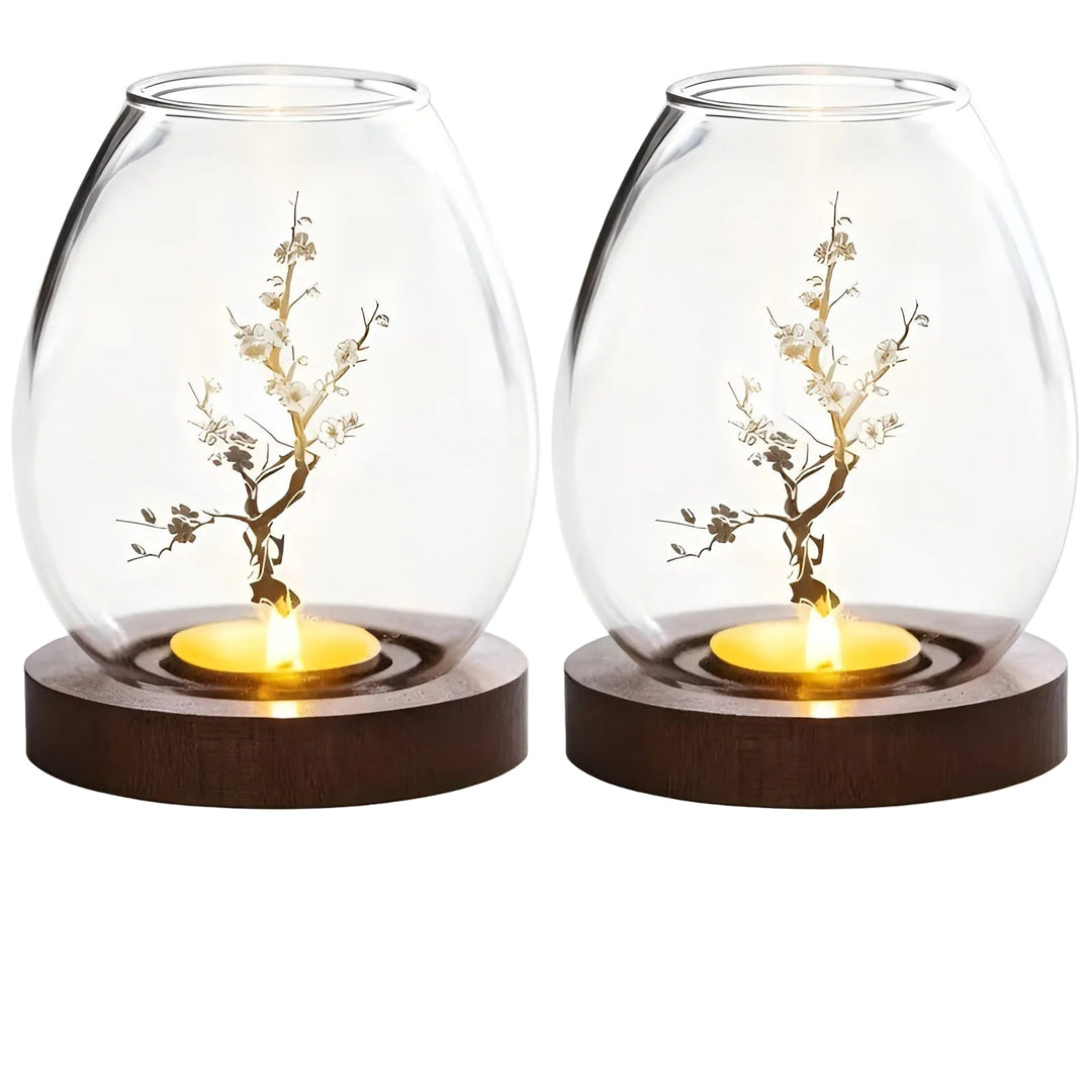 2-piece set glass candle holders with wooden base - decorative in retro zen style | perfect for living room, taStornfielde decoration and outdoor | Stornfield