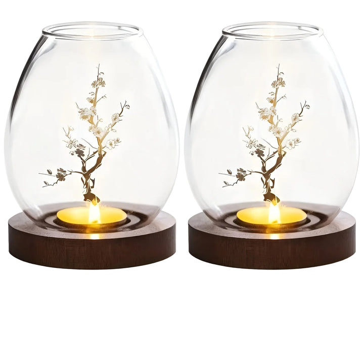 2-piece set glass candle holders with wooden base - decorative in retro zen style | perfect for living room, taStornfielde decoration and outdoor | Stornfield