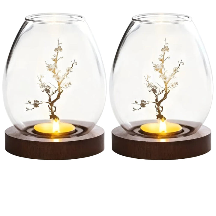 2-piece set glass candle holders with wooden base - decorative in retro zen style | perfect for living room, taStornfielde decoration and outdoor | Stornfield