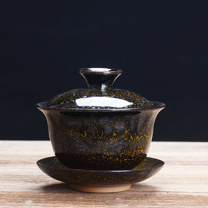 Stornfield | Vintage Sancai Ceramic Teacup with Lid and Saucer