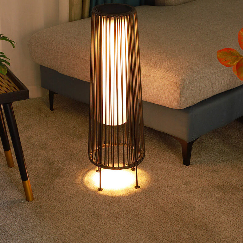 Modern Minimalist Solar Waterproof Round Vertical Pull Strip Iron Rattan LED Standing Floor Lamp For Outdoor Patio | Stornfield