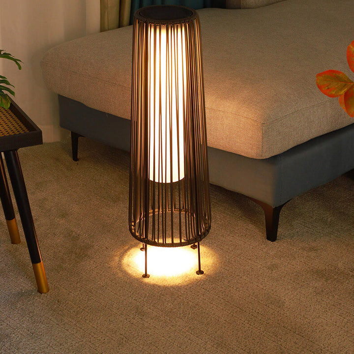 Modern Minimalist Solar Waterproof Round Vertical Pull Strip Iron Rattan LED Standing Floor Lamp For Outdoor Patio | Stornfield