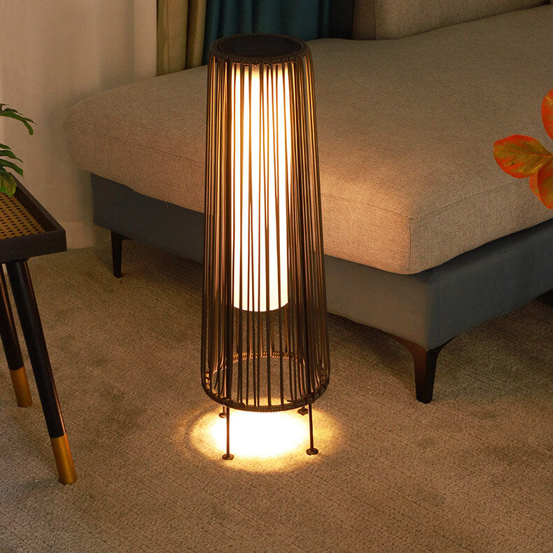Modern Shabby Chic Solar Round Trapezoidal Iron Rattan Wicker LED Outdoor Light For Outdoor Patio | Stornfield