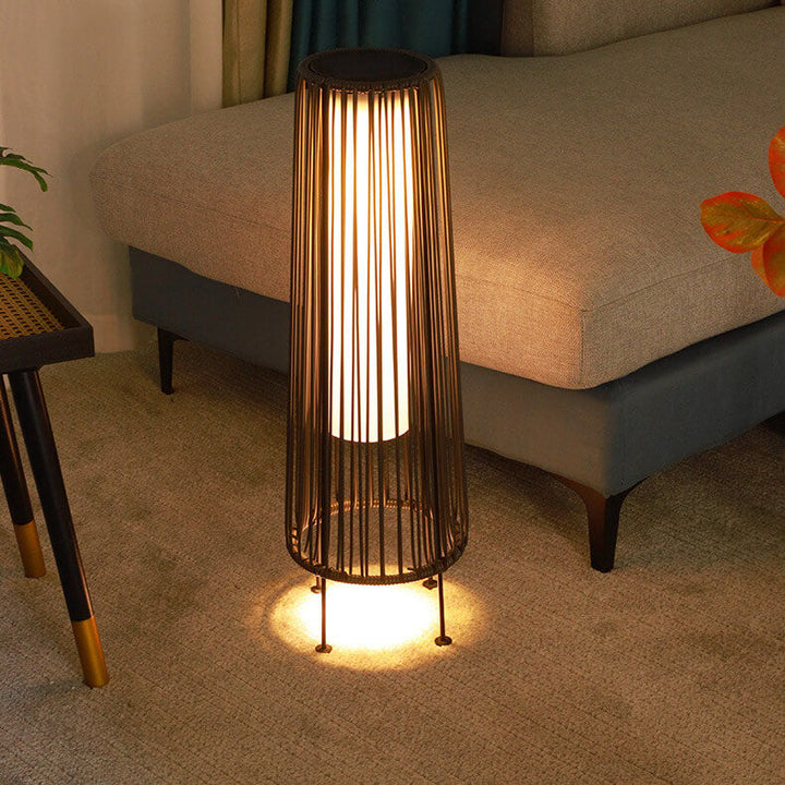 Modern Shabby Chic Solar Round Trapezoidal Iron Rattan Wicker LED Outdoor Light For Outdoor Patio | Stornfield