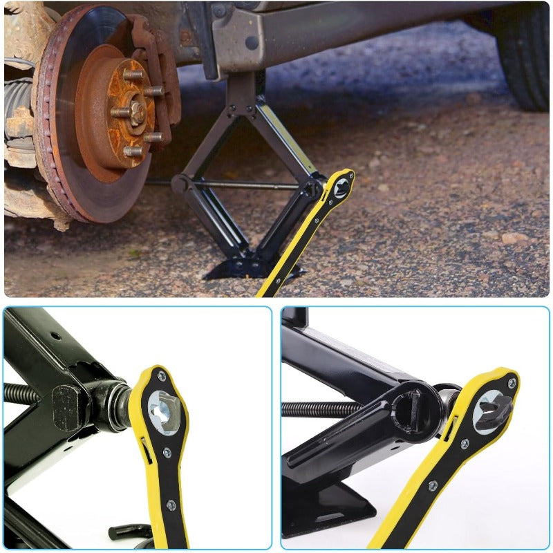 Heavy-Duty Scissor Jack Ratchet Wrench – 360° Rotating Tire Lift Tool with Cross Adapter Kit Stornfield