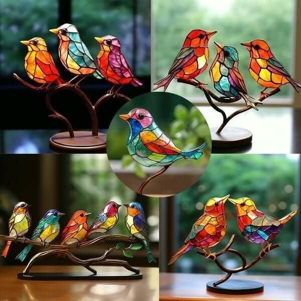 ElegantAviary | Colorful Birds on Branches Stornfield Desktop Ornaments