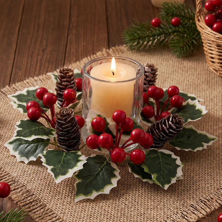 Christmas candle wreath with holly and pine cones