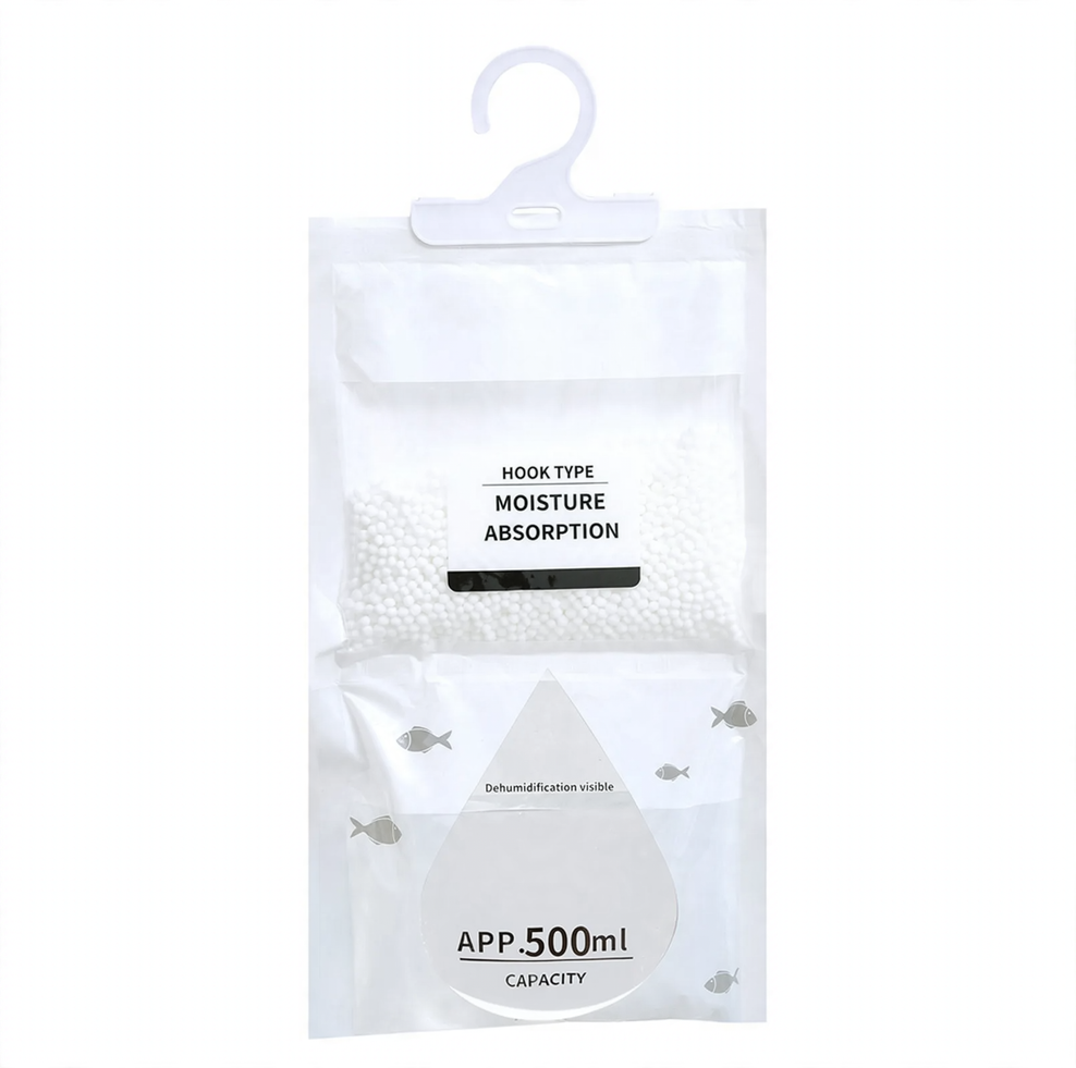Hanging dehumidifying bag for wardrobes